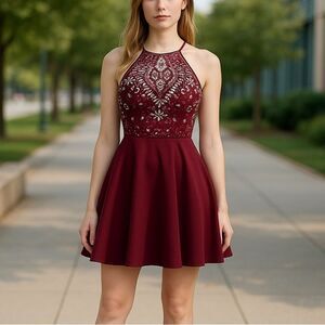 B. Darlin Maroon Embellished Lace Bodice  Halter Neckline Scuba Skater Mini